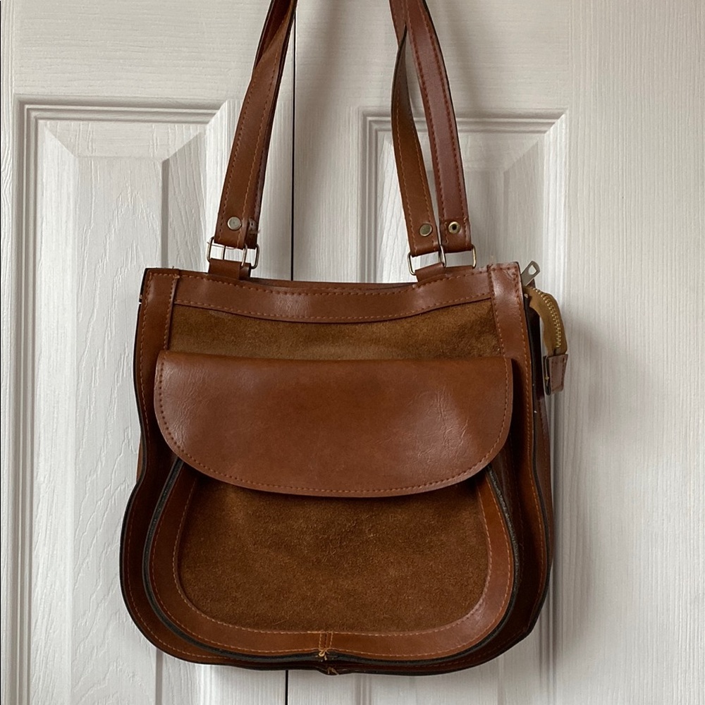Suede vintage leather bag purse handbag, brown/cognac